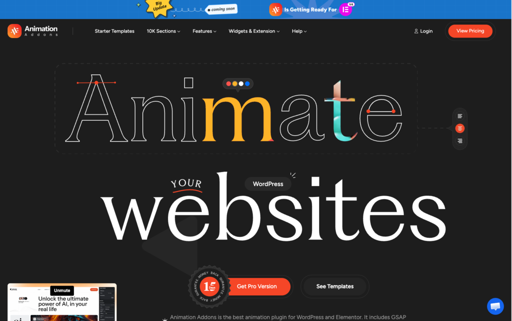Screenshot of the Animation Addons homepage showcasing GSAP-powered Elementor templates, widgets, and pricing plans for animated WordPress websites.