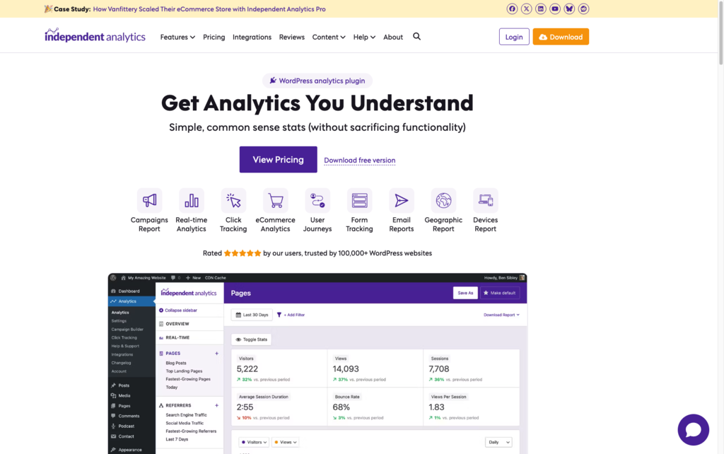 Screenshot of the Independent Analytics WordPress analytics dashboard with page views, referrers, and device stats.